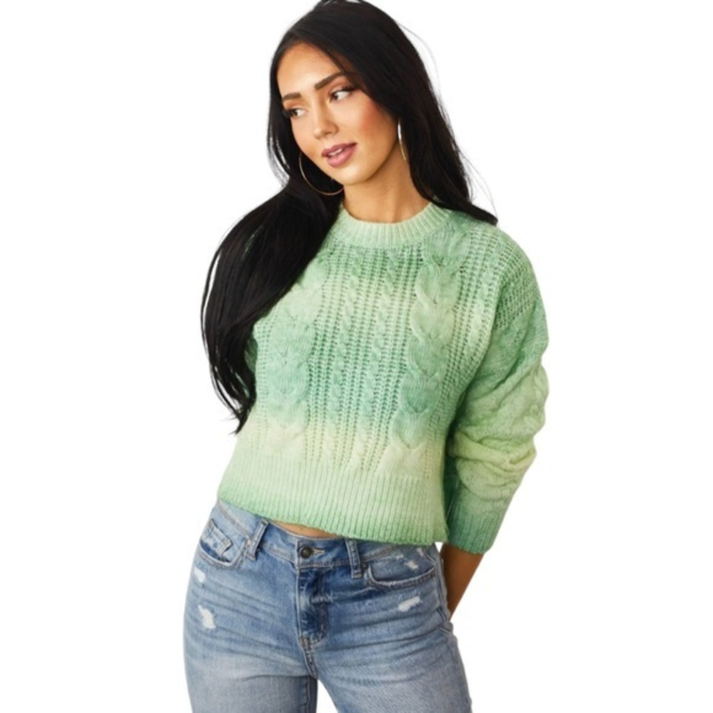 Love Tree Pistachio Ombre Oversized Cropped Cable Knit Sweater Juniors Large